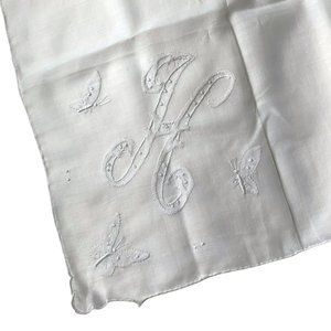 Vtg Butterfly Applique Handkerchief Monogrammed H White Embroidered Hand Rolled